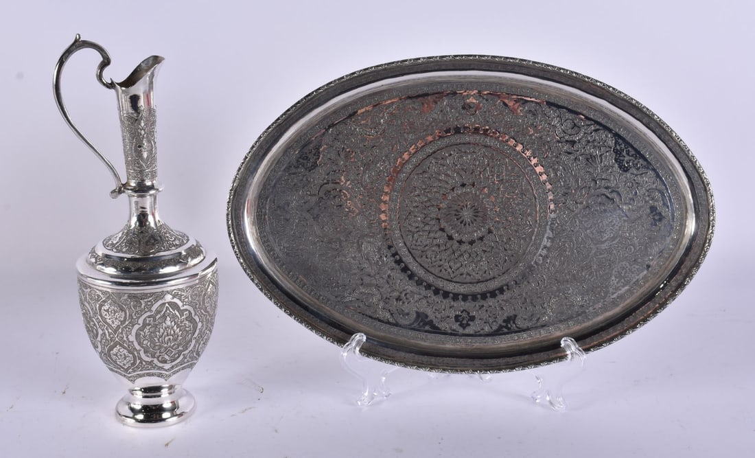 A FINE ISLAMIC PERSIAN MIDDLE EASTERN SILVER EWER AND TRAY. 676 grams. Largest 27 cm wide. (2) (1 of 10)