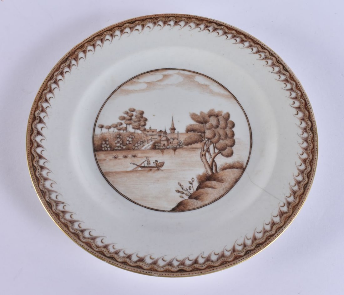 AN 18TH CENTURY CHINESE EXPORT SEPIA DECORATED PORCELAIN LANDSCAPE DISH Qianlong. 19.5 cm diameter. (1 of 5)