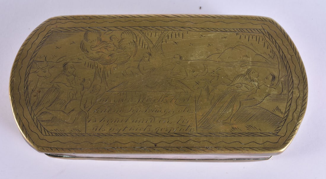 AN 18TH CENTURY DUTCH BRASS TOBACCO BOX engraved with figures and scripture. 15 cm x 7 cm. (1 of 8)