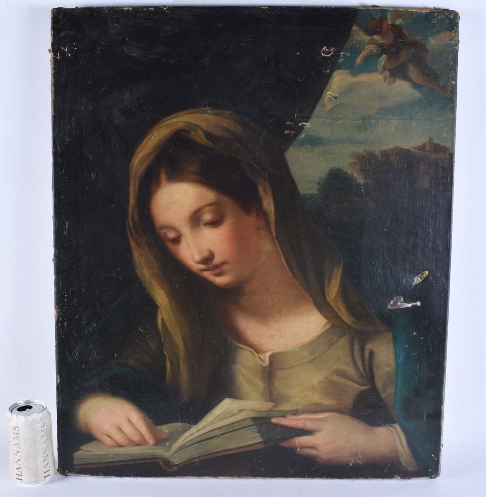 AN 18TH CENTURY EUROPEAN OIL ON CANVAS painted with a female and angel in flight. 68 cm x 56 cm. (1 of 11)