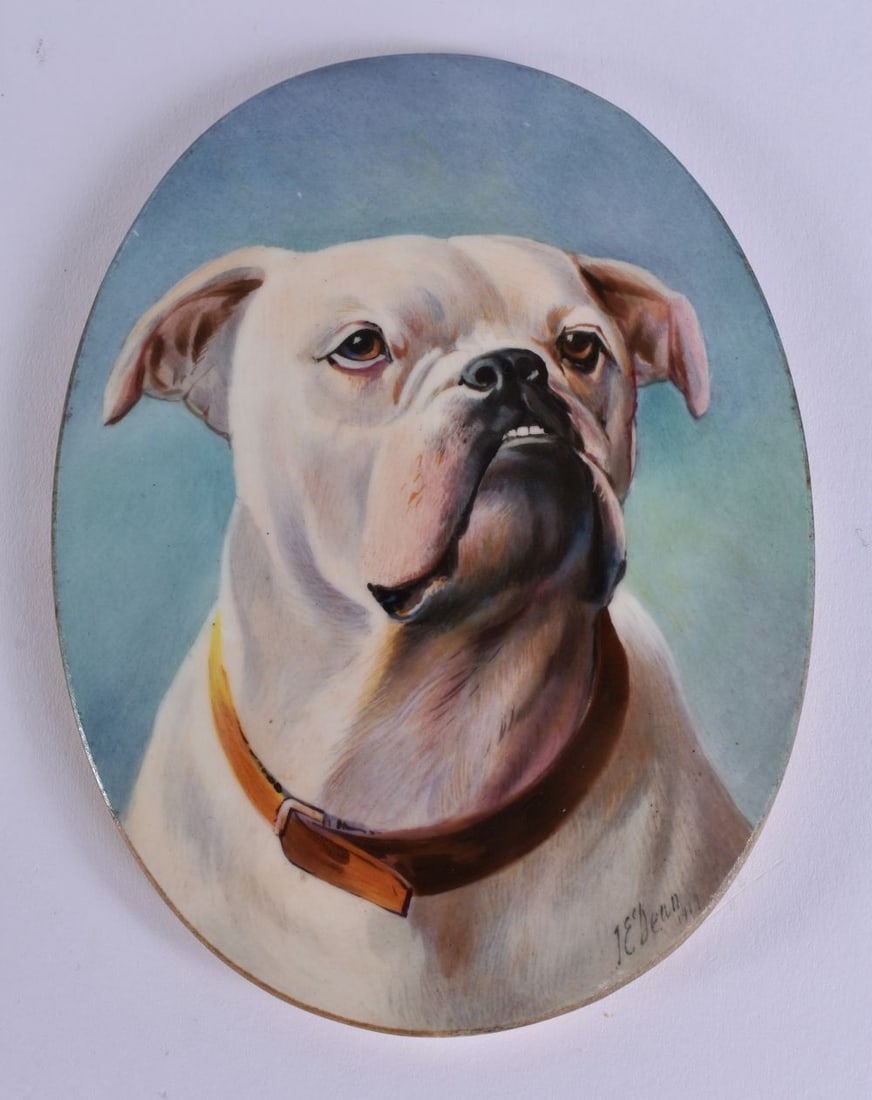 A FINE EARLY 20TH CENTURY ENGLISH PORCELAIN BULLDOG PLAQUE by J E Dean. 15.5 cm x 12.5 cm. (1 of 5)