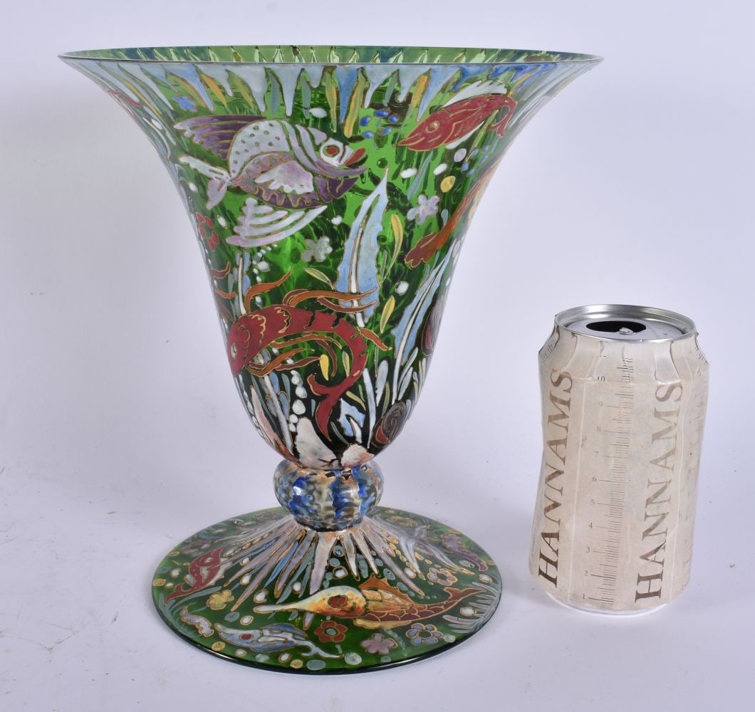 AN UNUSUAL EARLY 20TH CENTURY ENAMELLED GREEN GLASS VASE painted with fish and crustaceans. 22 cm x: AN UNUSUAL EARLY 20TH CENTURY ENAMELLED GREEN GLASS VASE painted with fish and crustaceans. 22 cm x 18 cm.