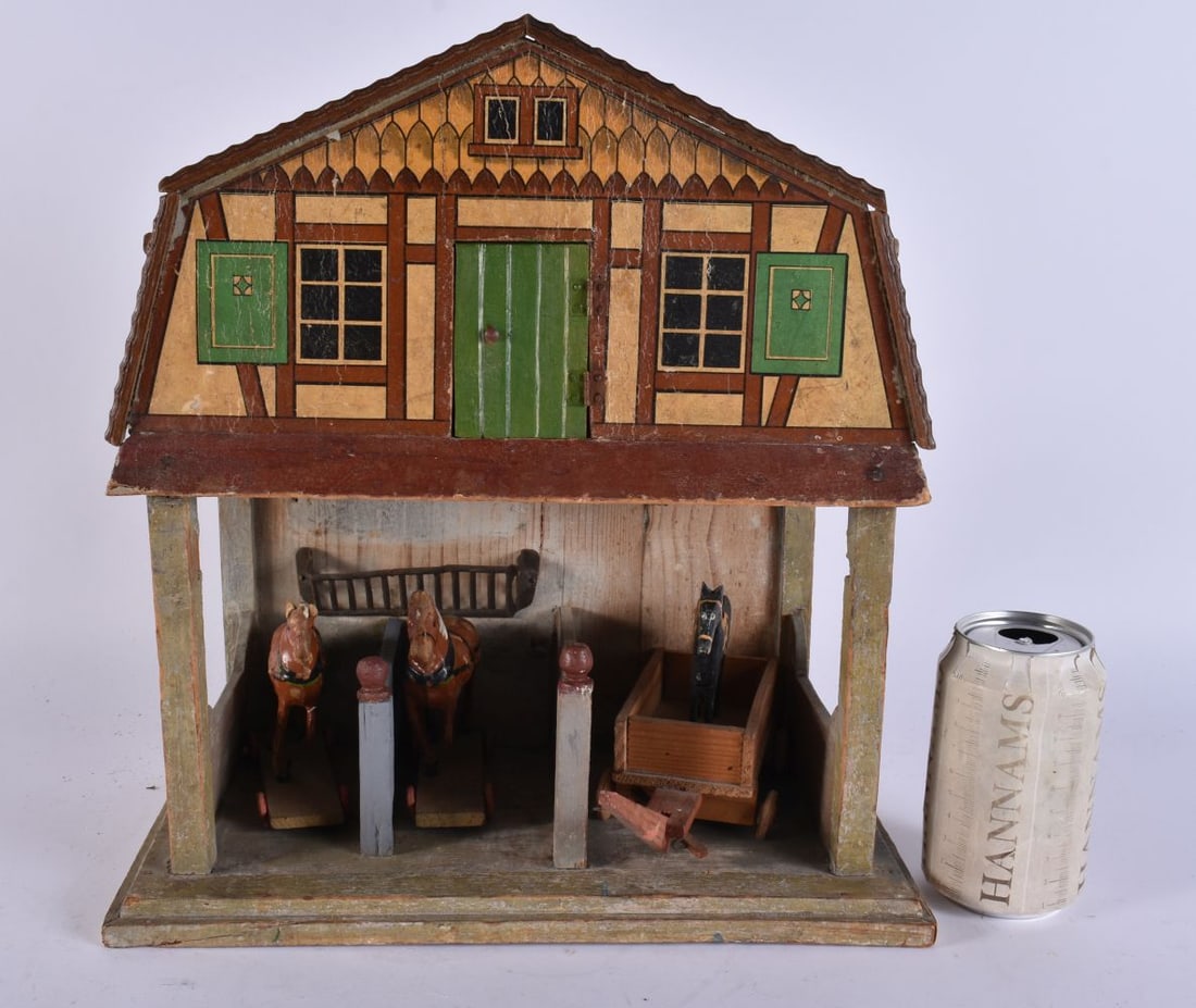 AN UNUSUAL ANTIQUE FOLK ART PAINTED WOOD HORSE STABLES with horses and cart. 40 cm x 25 cm. (1 of 6)