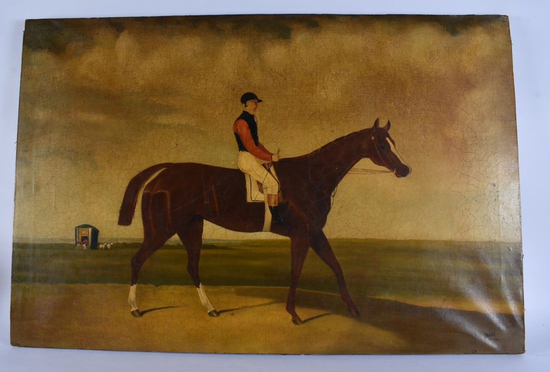 American School (19th Century) Folk Art, Oil on canvas, Race horse. 92 cm x 60 cm. Provenance: Ameri (1 of 5)