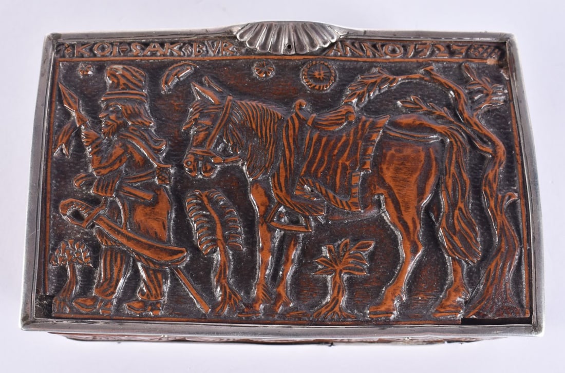 AN 18TH CENTURY DUTCH SILVER MOUNTED BOXWOOD TREEN SNUFF BOX decorated with a figure and a horse wit (1 of 8)