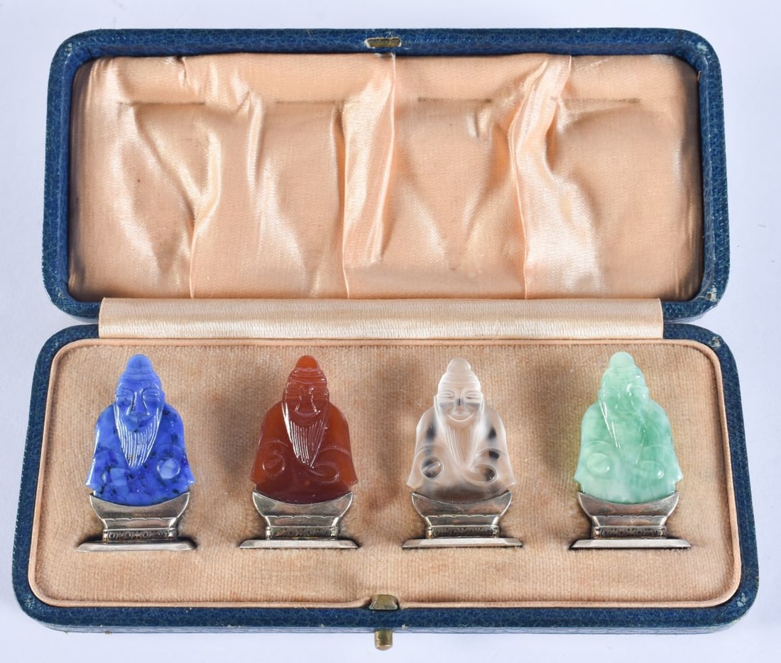 A LOVELY SET OF 19TH CENTURY CHINESE JADE, AGATE AND HARDSTONE SILVER MENU HOLDERS. 4 cm high. (1 of 7)