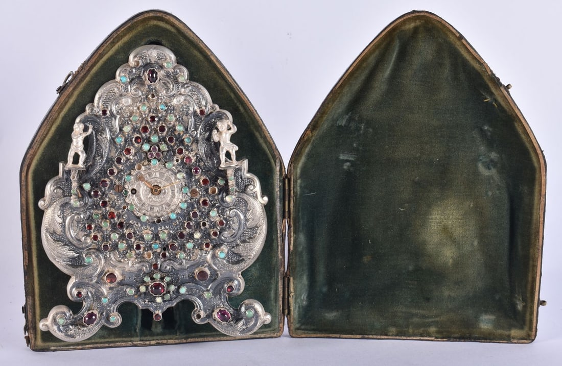 A RARE 19TH CENTURY EUROPEAN GEM INSET SILVER CLOCK within fitted leather case. Clock 197 grams. 13. (1 of 7)
