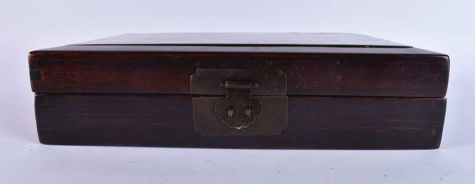 A FINE CHINESE QING DYNASTY CARVED HARDWOOD DOCUMENT BOX possibly Zitan, with brass fittings. 32 cm (1 of 8)