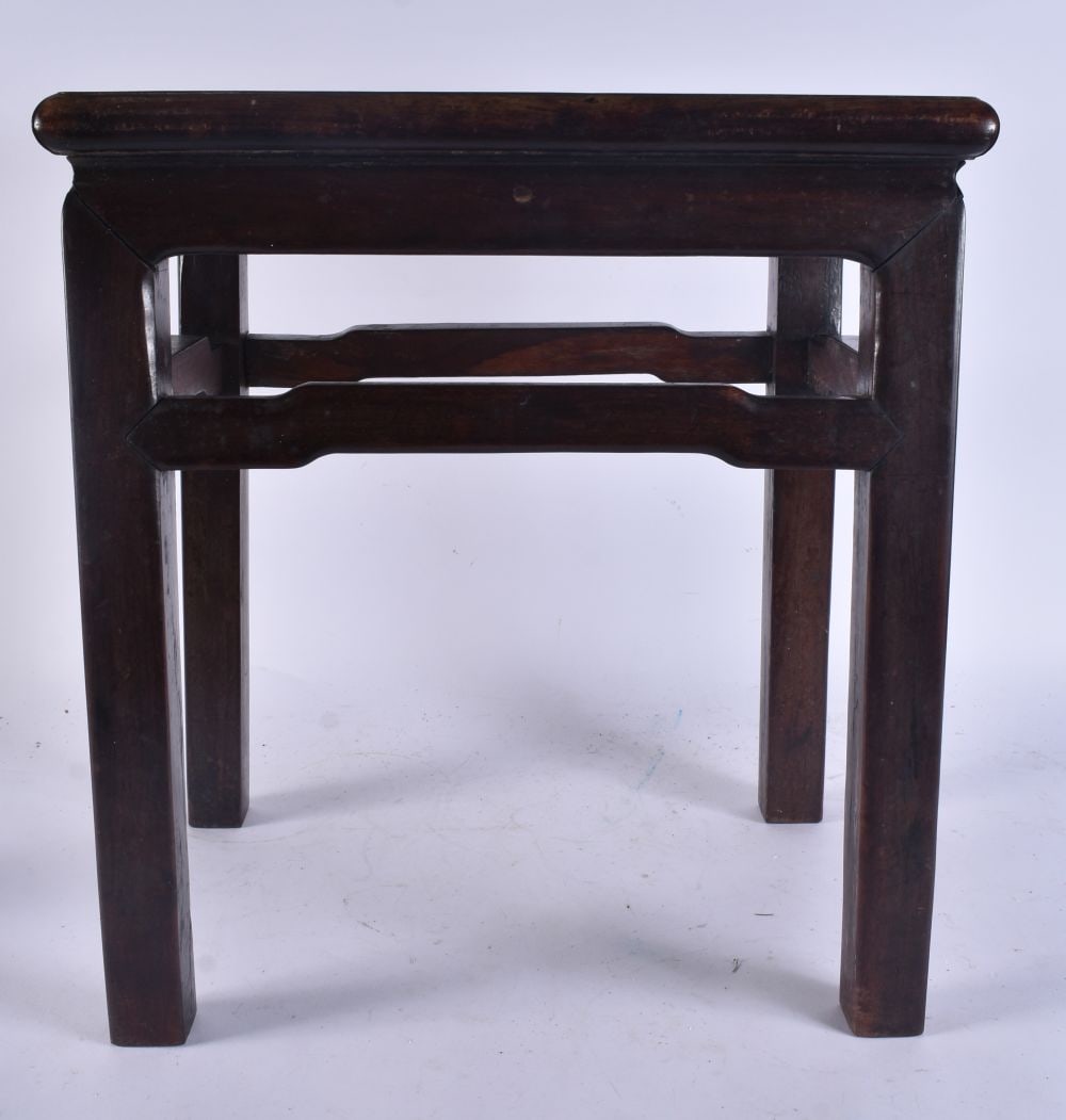 A CHINESE QING DYNASTY CARVED HARDWOOD STOOL possibly Huanghuali. 45 cm x 38 cm x 28 cm. (1 of 11)