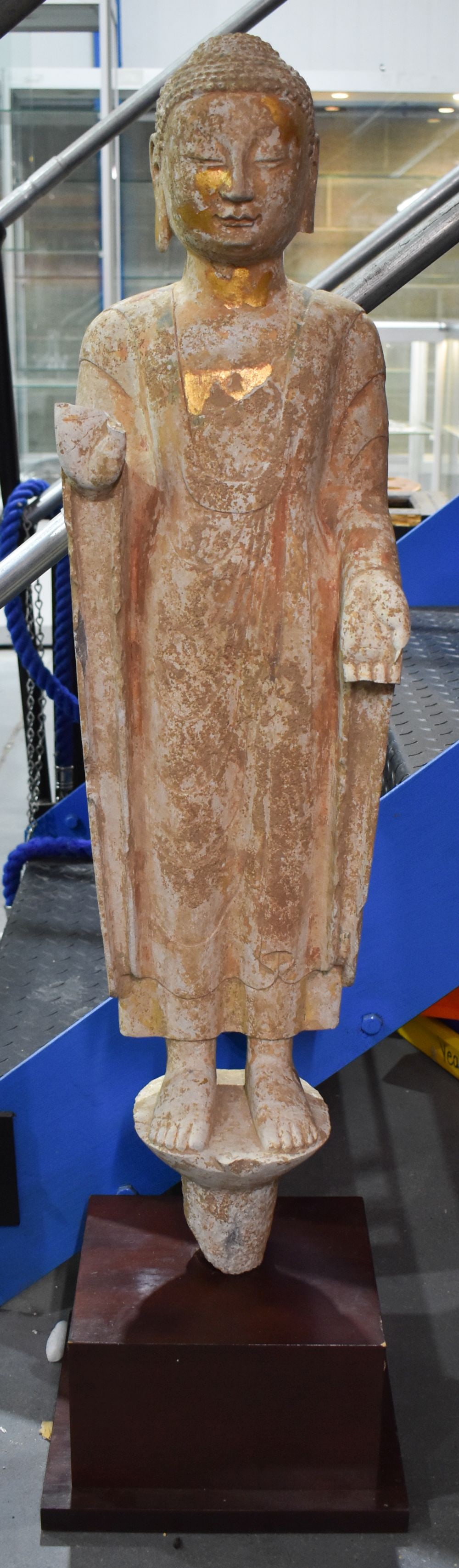 A LARGE CHINESE QING DYNASTY PAINTED POTTERY BUDDHA. 125 cm high.: A LARGE CHINESE QING DYNASTY PAINTED POTTERY BUDDHA. 125 cm high.