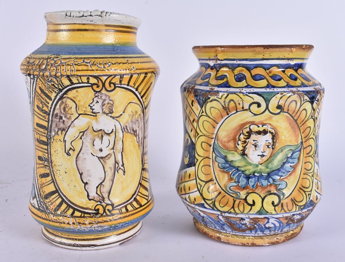 TWO ITALIAN FAIENCE POTTERY ALBARELLO JARS. Largest 20 cm high. (2) (1 of 5)