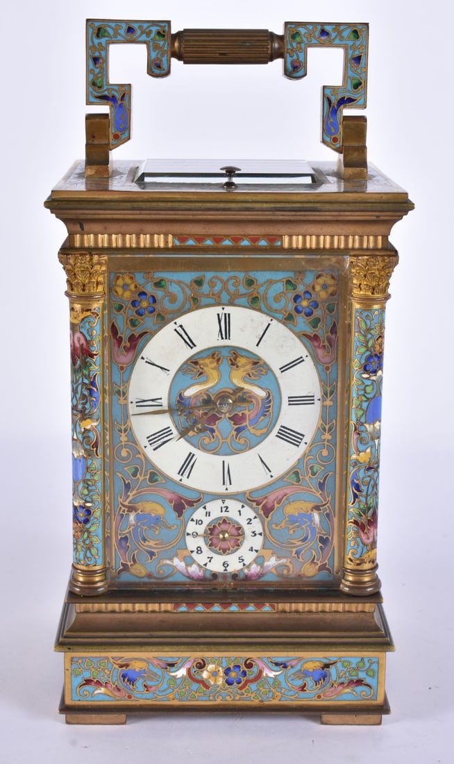 A FINE 19TH CENTURY FRENCH 'CHINESE MARKET' CHAMPLEVE ENAMEL REPEATING CARRIAGE CLOCK with twin styl (1 of 8)