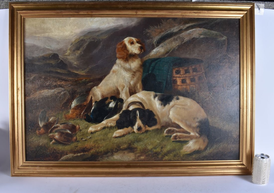 John Gifford (C1900) Oil on canvas, Hounds within a highland landscape. 104 cm x 74 cm.: John Gifford (C1900) Oil on canvas, Hounds within a highland landscape. 104 cm x 74 cm.