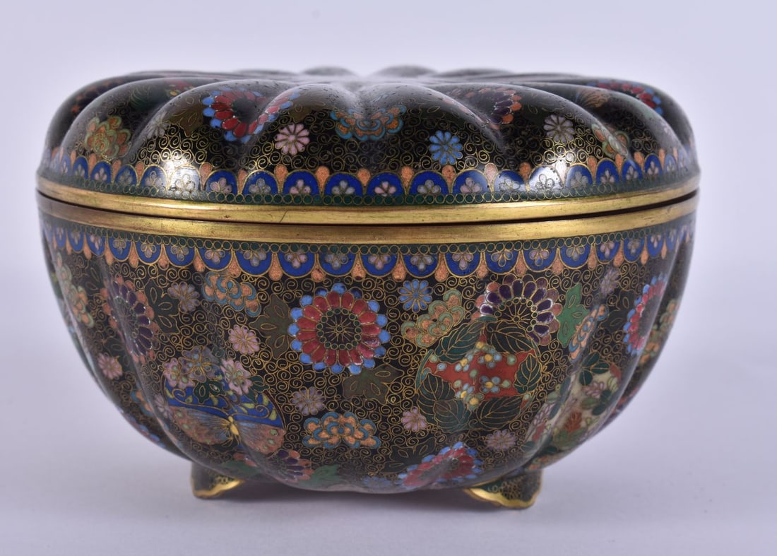 A FINE 19TH CENTURY JAPANESE MEIJI PERIOD CLOISONNE ENAMEL BOX AND COVER of lobed form, decorated wi (1 of 10)