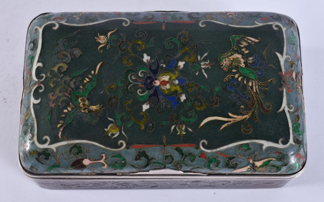 A 19TH CENTURY JAPANESE MEIJI PERIOD CLOISONNE ENAMEL SILVER AND IRON BOX AND COVER decorated with s (1 of 7)