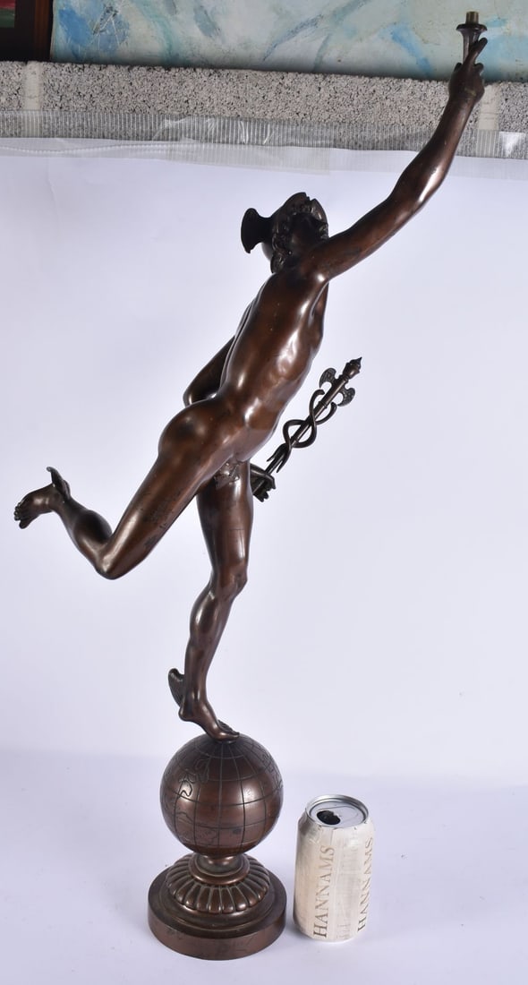 A LARGE 19TH CENTURY FRENCH GRAND TOUR BRONZE FIGURE OF MERCURY modelled standing upon a globe. 75 c (1 of 7)