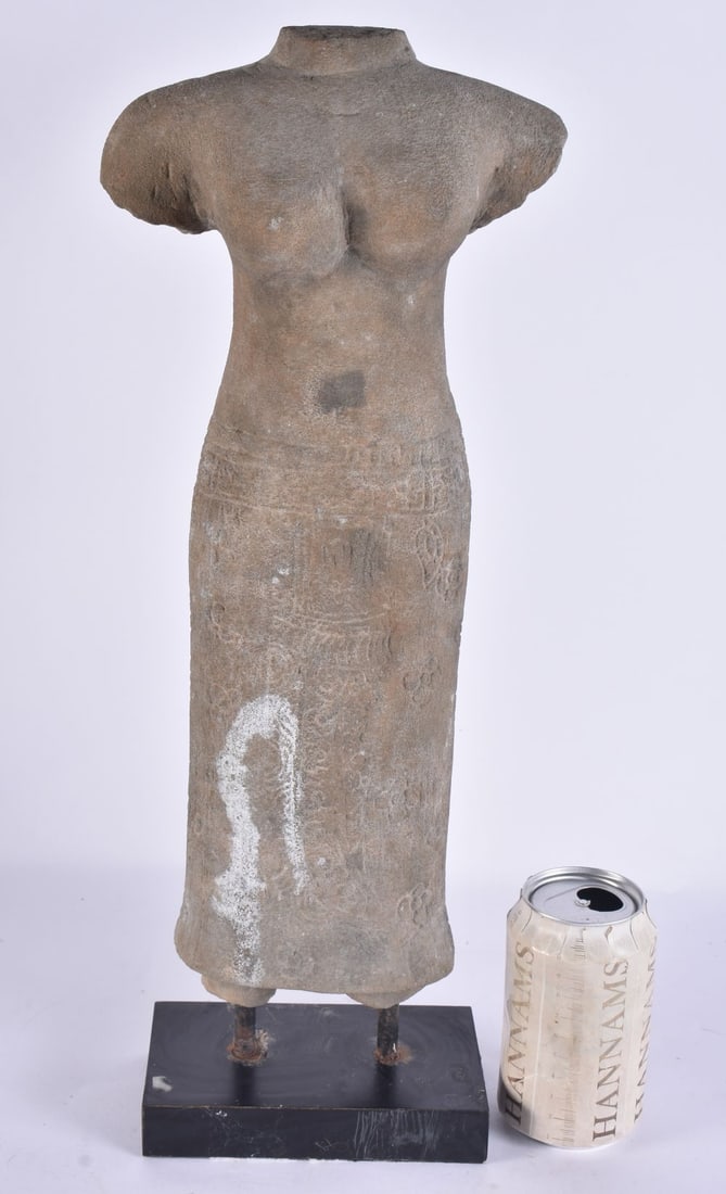 A LARGE EARLY SOUTH EAST ASIAN CAMBODIAN STONE TORSO unusually decorated with emblems and motifs. 47 (1 of 8)