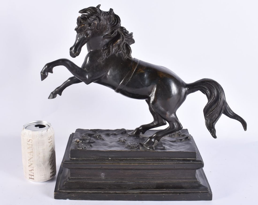 A LARGE 19TH CENTURY EUROPEAN GRAND TOUR BRONZE FIGURE OF A HORSE modelled rearing upon a rectangula (1 of 8)
