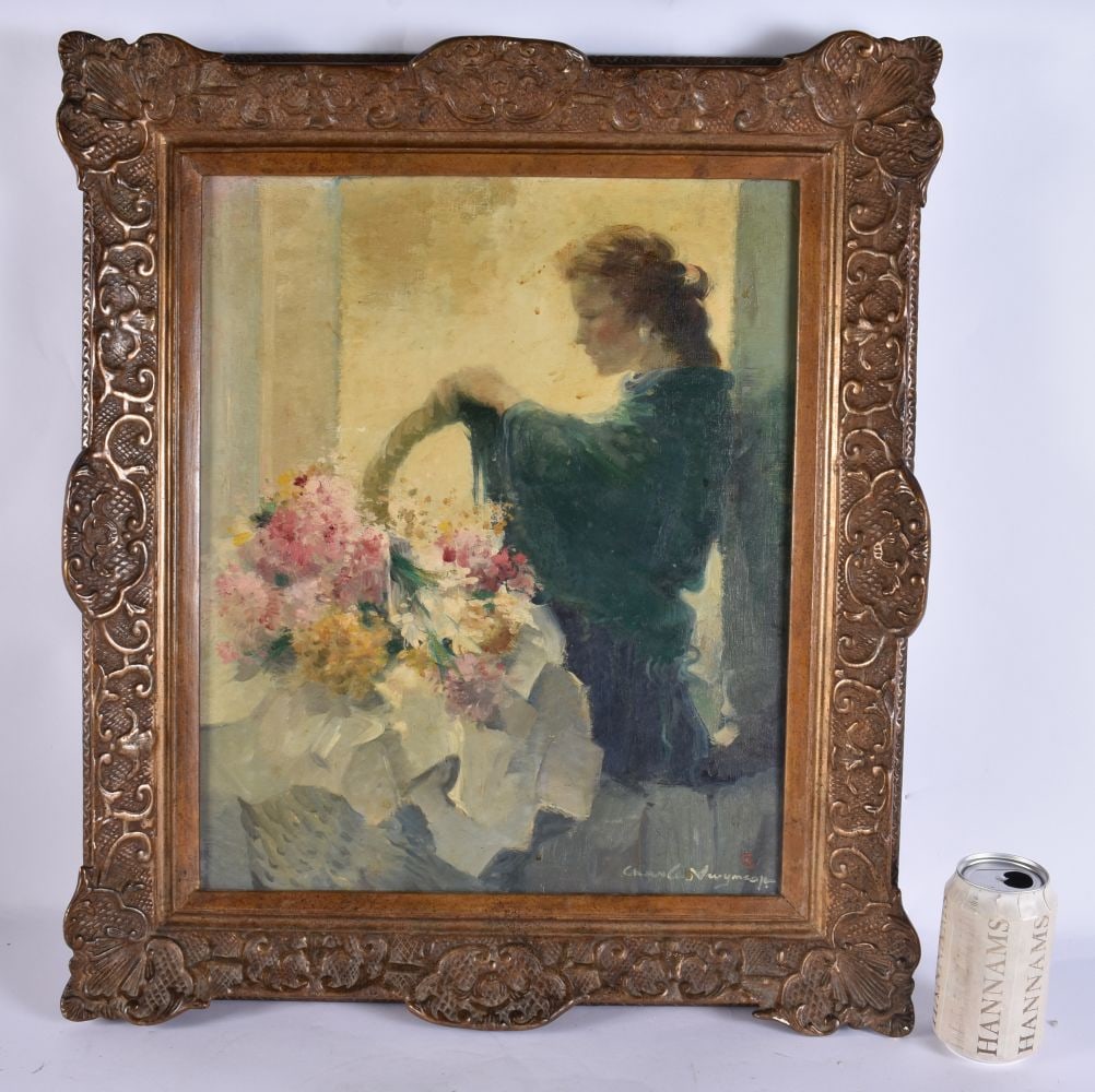 French School (C1900) Oil on canvas, Female potting flowers. 58 cm x 52 cm, actual image 44 cm x 36 (1 of 7)