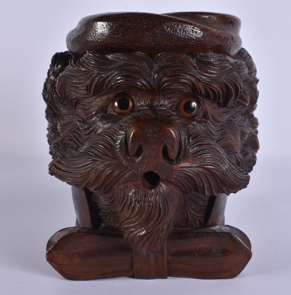 A 19TH CENTURY BAVARIAN BLACK FOREST CARVED WOOD TOBACCO JAR AND COVER modelled as a dog. 18 cm x 12 (1 of 8)