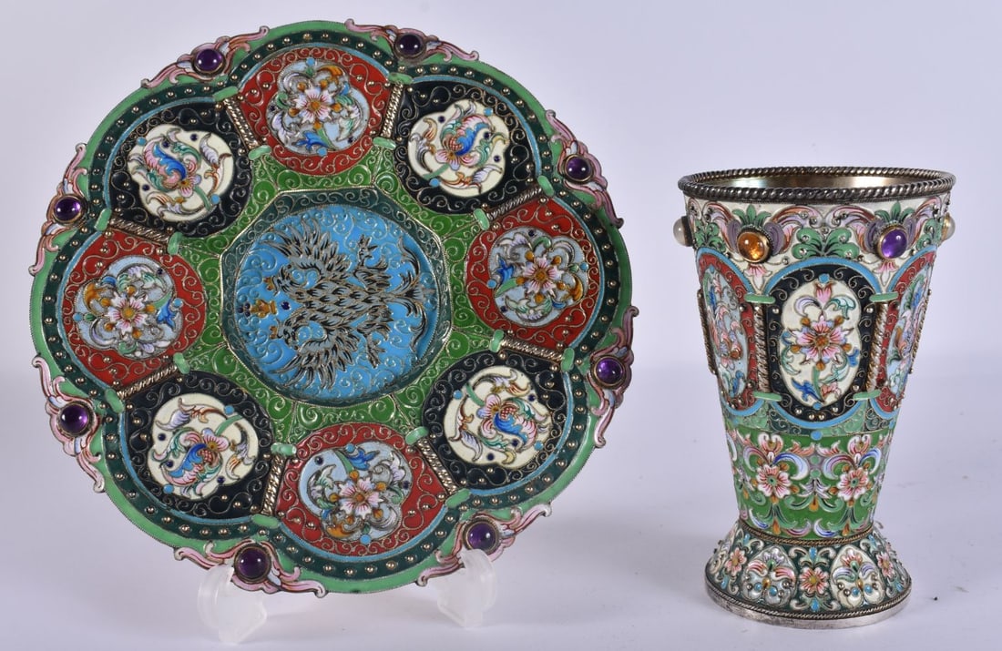 A CONTINENTAL SILVER GEM SET ENAMEL CUP ON STAND. 525 grams. Dish 17 cm wide. (2) (1 of 12)