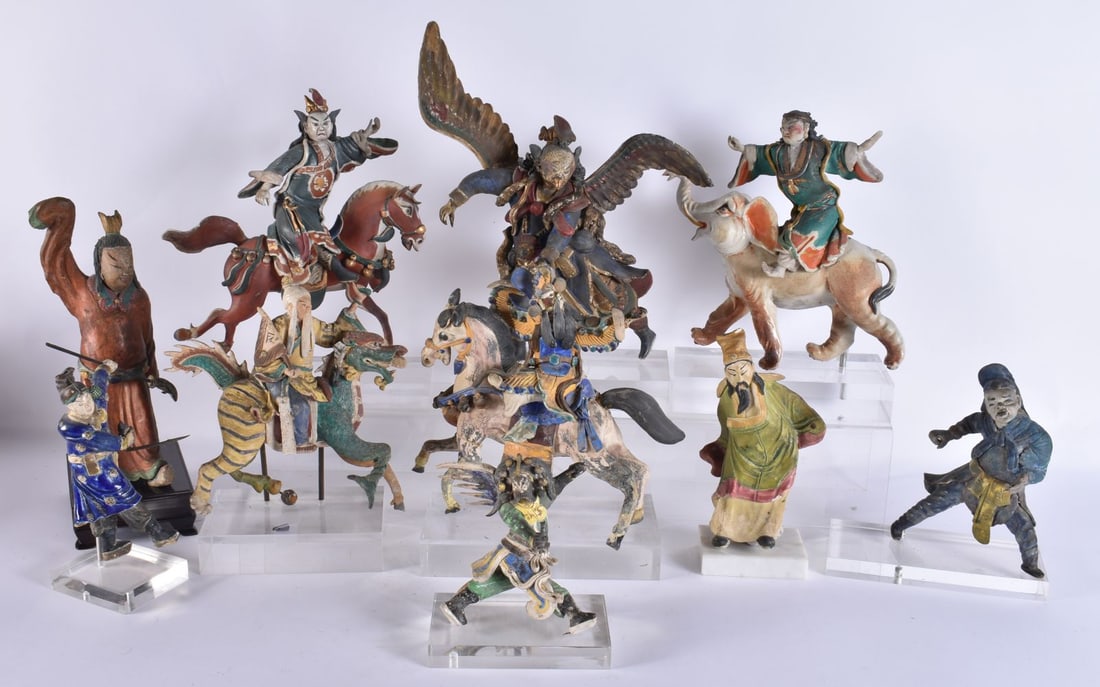 A RARE SET OF CHINESE QING DYNASTY POTTERY FIGURES AND IMMORTALS in various forms and sizes. Largest (1 of 7)