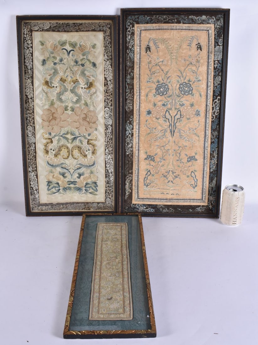 THREE 19TH CENTURY CHINESE SILK EMBROIDERED SLEEVES AND PANELS Qing. Largest 64 cm x 30 cm. (3) (1 of 11)