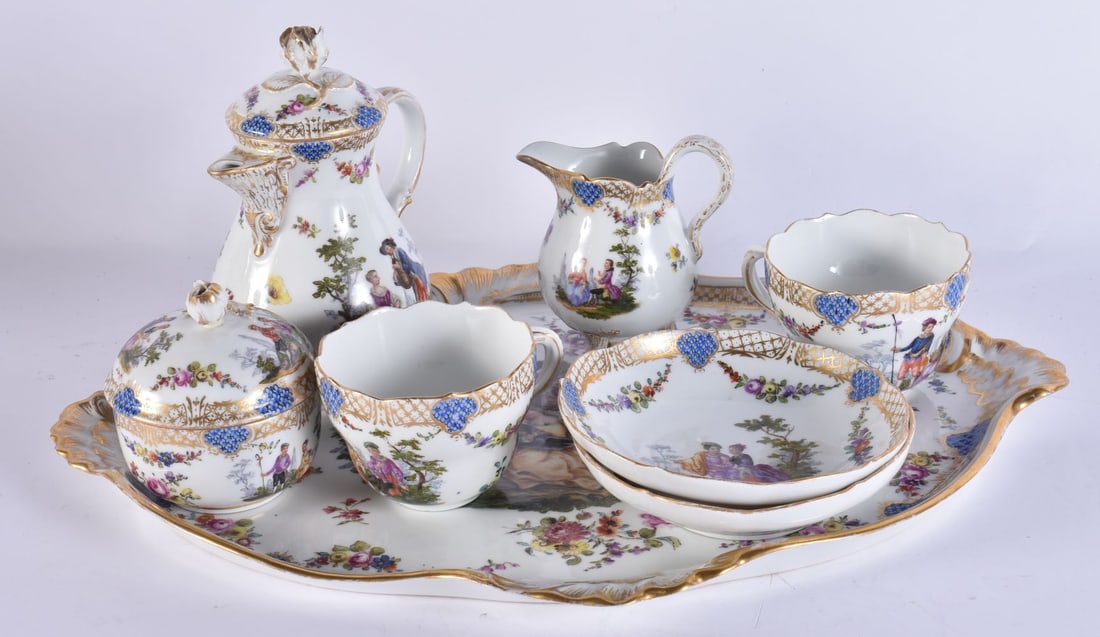 AN ANTIQUE GERMAN MEISSEN PORCELAIN TETE A TETE TEASET ON TRAY painted with figures within landscape (1 of 9)