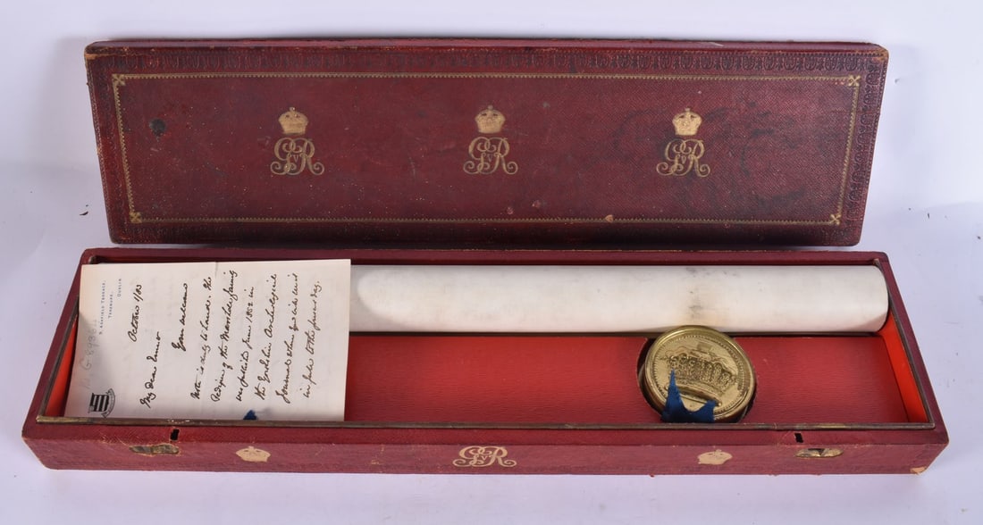 GEORGE V BRITISH ROYAL WARRANT GRANTING ARMS AND CREST to Henry Cragcroft Marshall, signed off by A. (1 of 10)