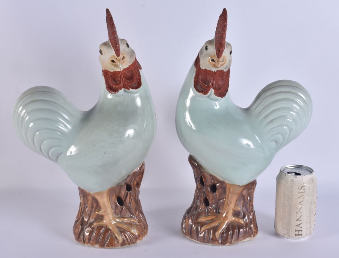 A LARGE PAIR OF CHINESE QING DYNASTY CELADON GLAZED BISCUIT PORCELAIN COCKERELLS. 38 cm high. (1 of 5)