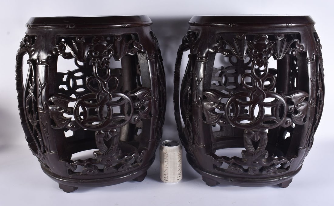 A PAIR OF EARLY 20TH CENTURY CHINESE CARVED HARDWOOD BARREL SEATS Late Qing/Republic. 48 cm x 34 cm. (1 of 6)