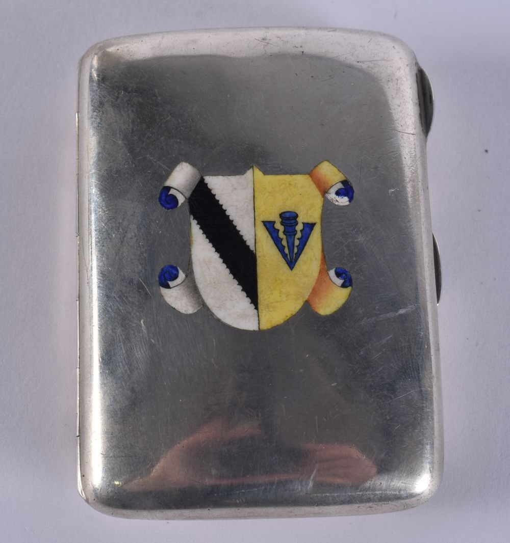 AN ANTIQUE SILVER AND ARMORIAL ENAMEL CASE. 104 grams. 8.5 cm x 6.5 cm. (1 of 5)