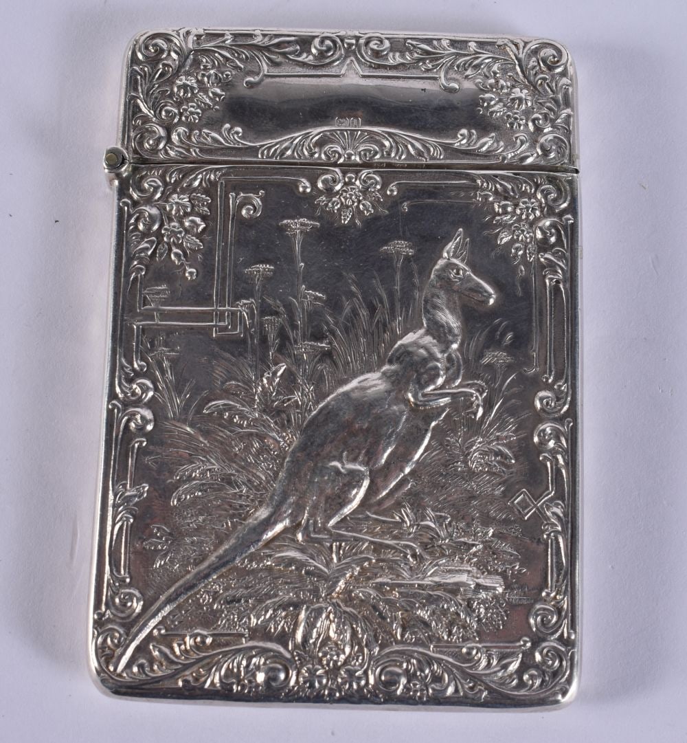 A RARE ANTIQUE SILVER KANGAROO CARD CASE. 59 grams. 10.5 cm x 7.5 cm. (1 of 5)