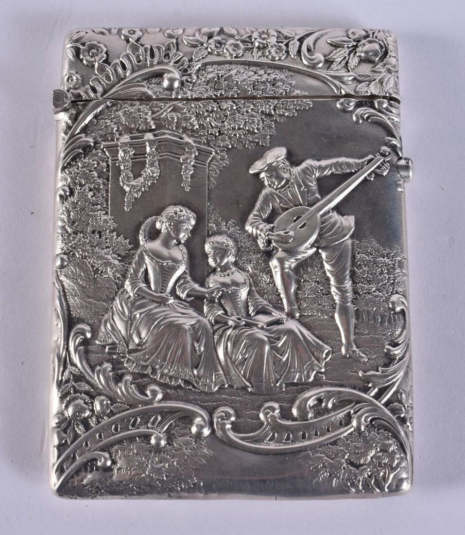 AN ANTIQUE SILVER REPOUSSE MUSICIAN CARD CASE. 73 grams. 10.5 cm x 7.5 cm. (1 of 5)