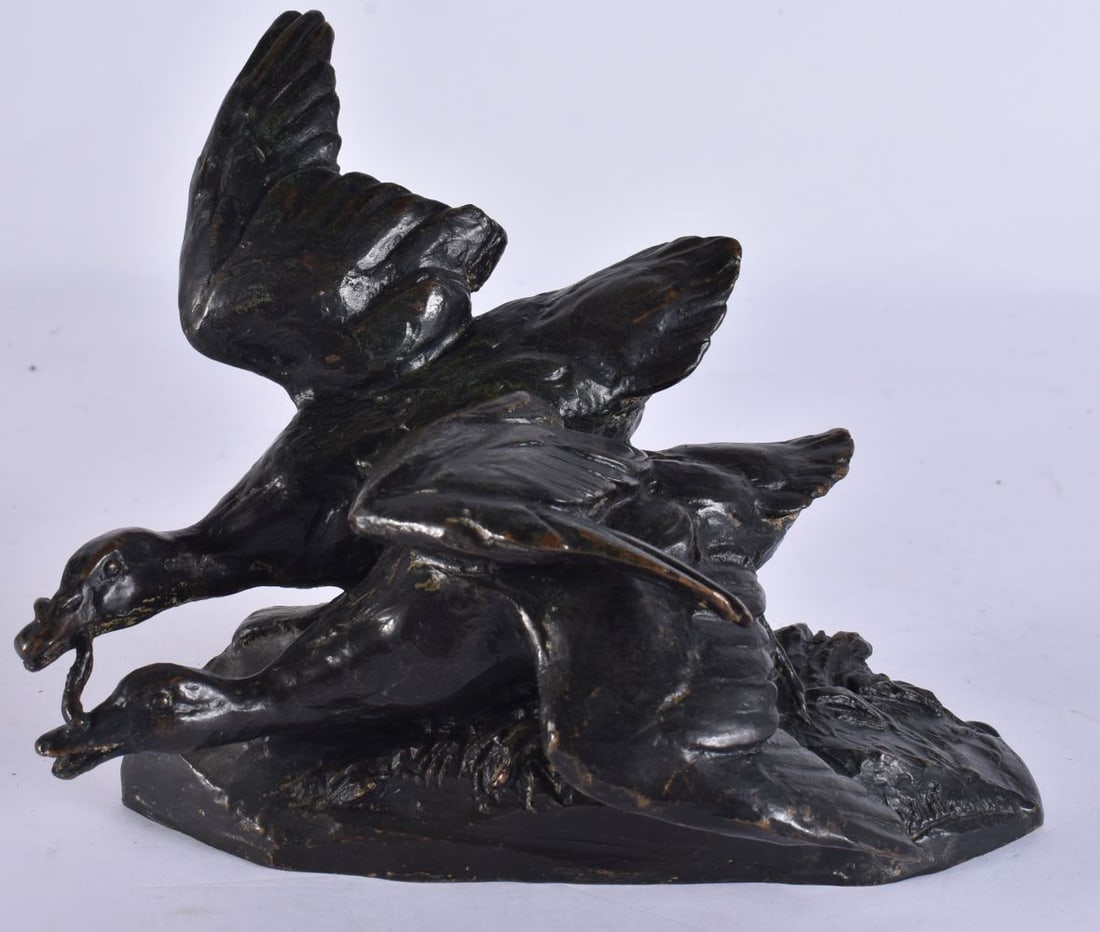 A 19TH CENTURY FRENCH BRONZE FIGURE OF FLYING SWANS Barbienne Foundry, modelled in flight upon a nat (1 of 7)