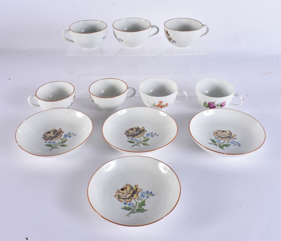 ASSORTED 19TH CENTURY MEISSEN PORCELAIN CUPS AND SAUCERS painted with flowers. 12 cm wide. (11) (1 of 7)
