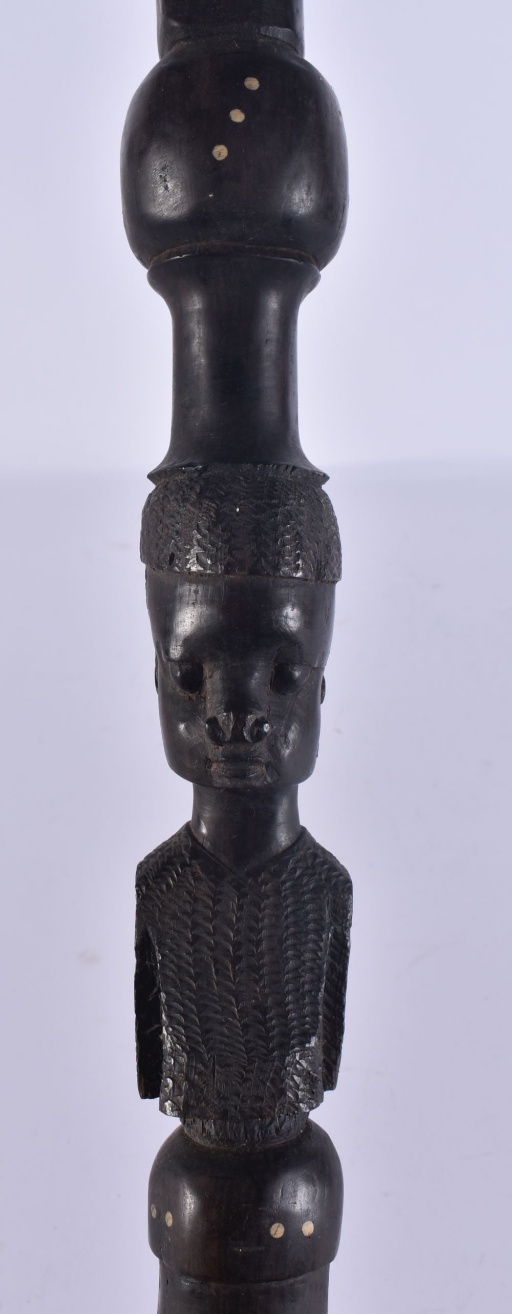 A LARGE AFRICAN TRIBAL HARDWOOD PORCUPINE INLAID STAFF. 88 cm long. (1 of 5)