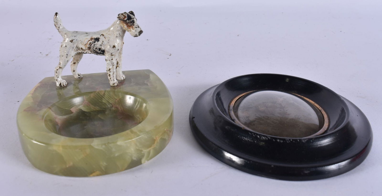 AN ART DECO COLD PAINTED SCOTTIE DOG ASHTRAY together with an unusual early Victorian ebonised flowe (1 of 8)