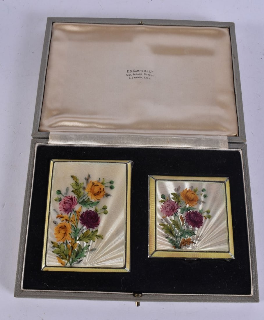 A CASED SET OF SILVER AND ENAMEL. Case 101 grams, mirror case 79 grams. Box 17 cm x 12 cm. (1 of 7)