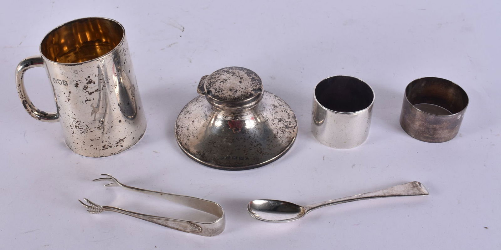 ASSORTED SILVERWARE. Weighable silver 252 grams, silver inkwell 136 grams. (qty) (1 of 6)