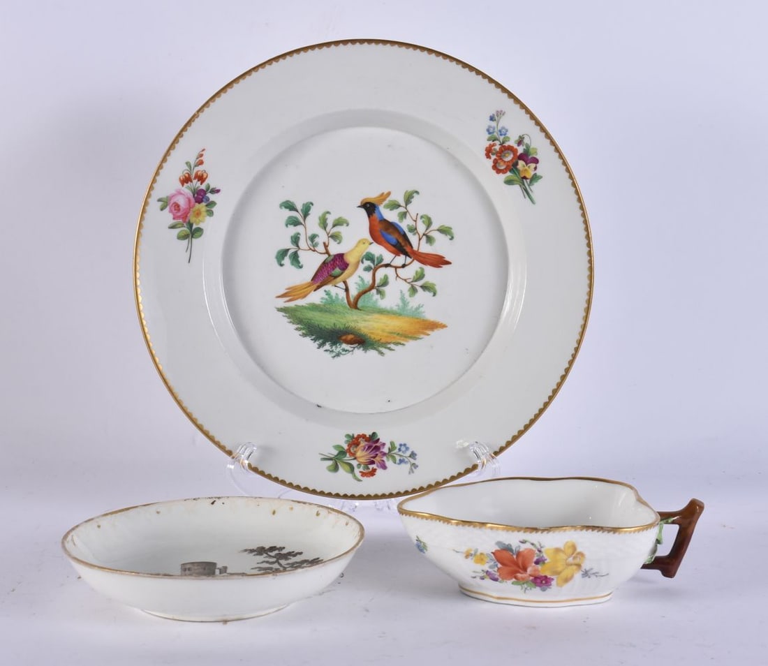 AN ANTIQUE COPENHAGEN PORCELAIN LEAF SHAPED DISH together with a Vienna saucer & a Berlin plate. Lar (1 of 6)
