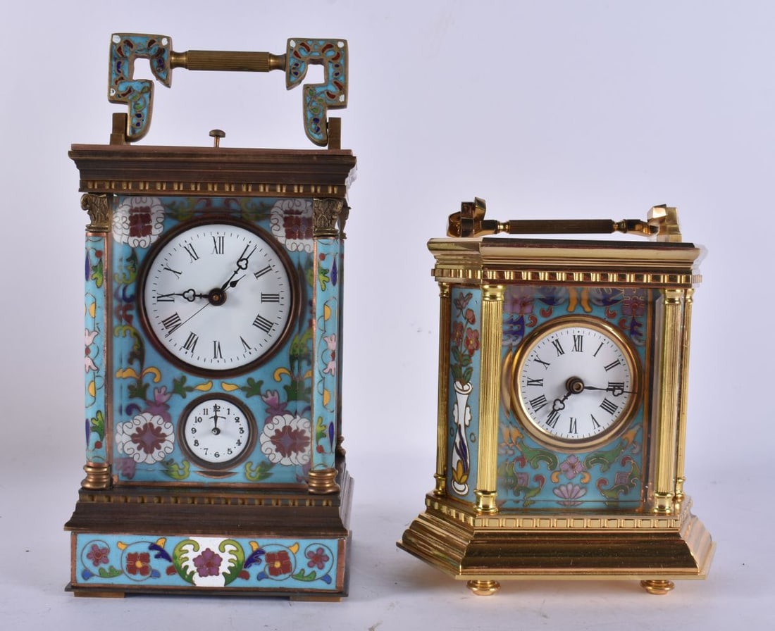 TWO CLOISONNE ENAMEL CARRIAGE CLOCKS. Largest 22 cm high. (2) (1 of 7)