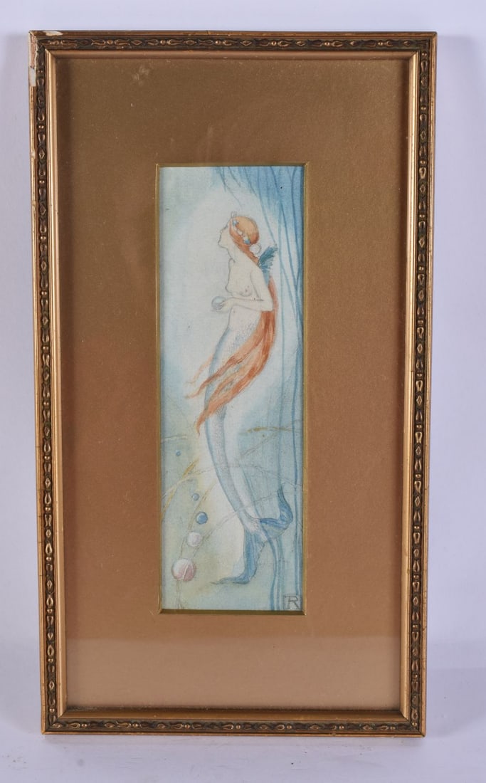 AN ART NOUVEAU WATERCOLOUR OF A NYMPH. 29 cm x 14 cm.: AN ART NOUVEAU WATERCOLOUR OF A NYMPH. 29 cm x 14 cm.