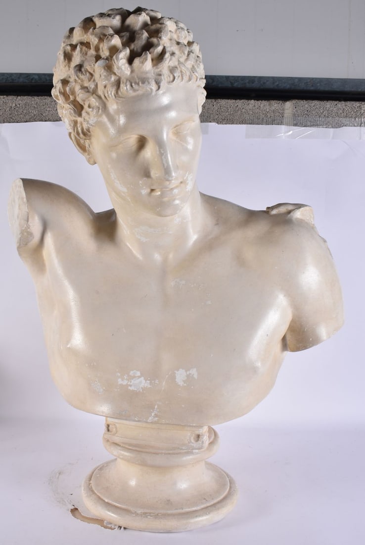 A LARGE PLASTER BUST OF A MALE. 84 cm x 54 cm. (1 of 5)