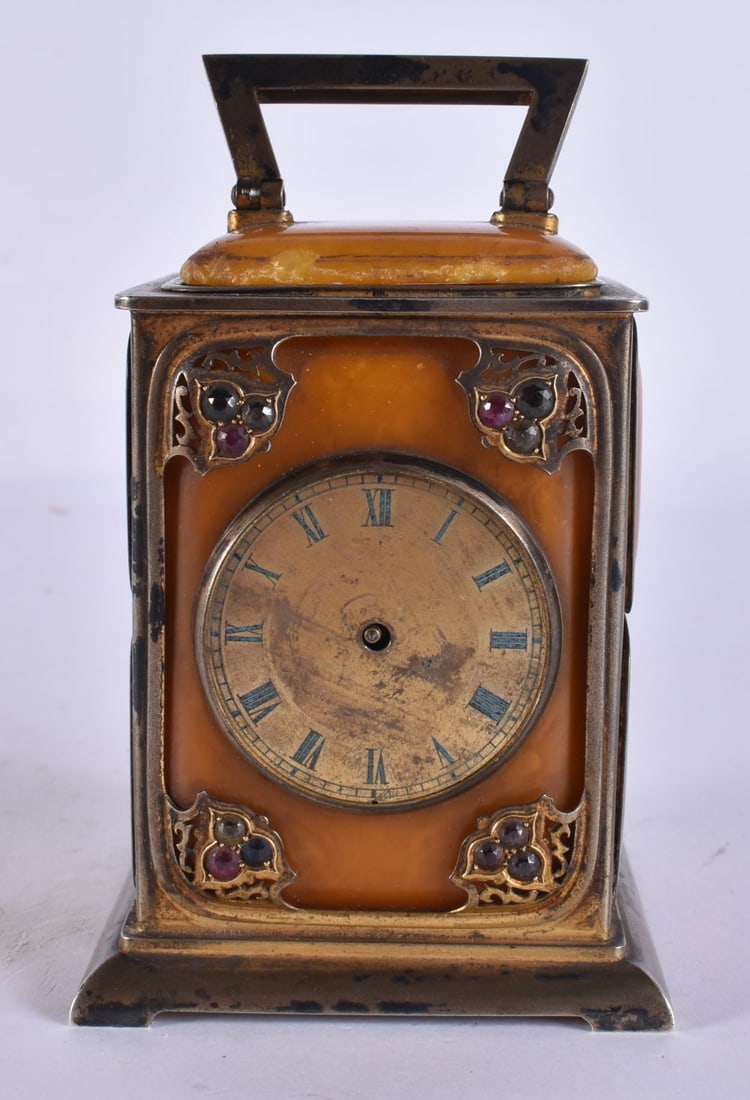 A RARE ANTIQUE GEM SET AMBER AND SILVER GILT CLOCK by James Samuel Bell & Louis Willmott. London 189 (1 of 9)