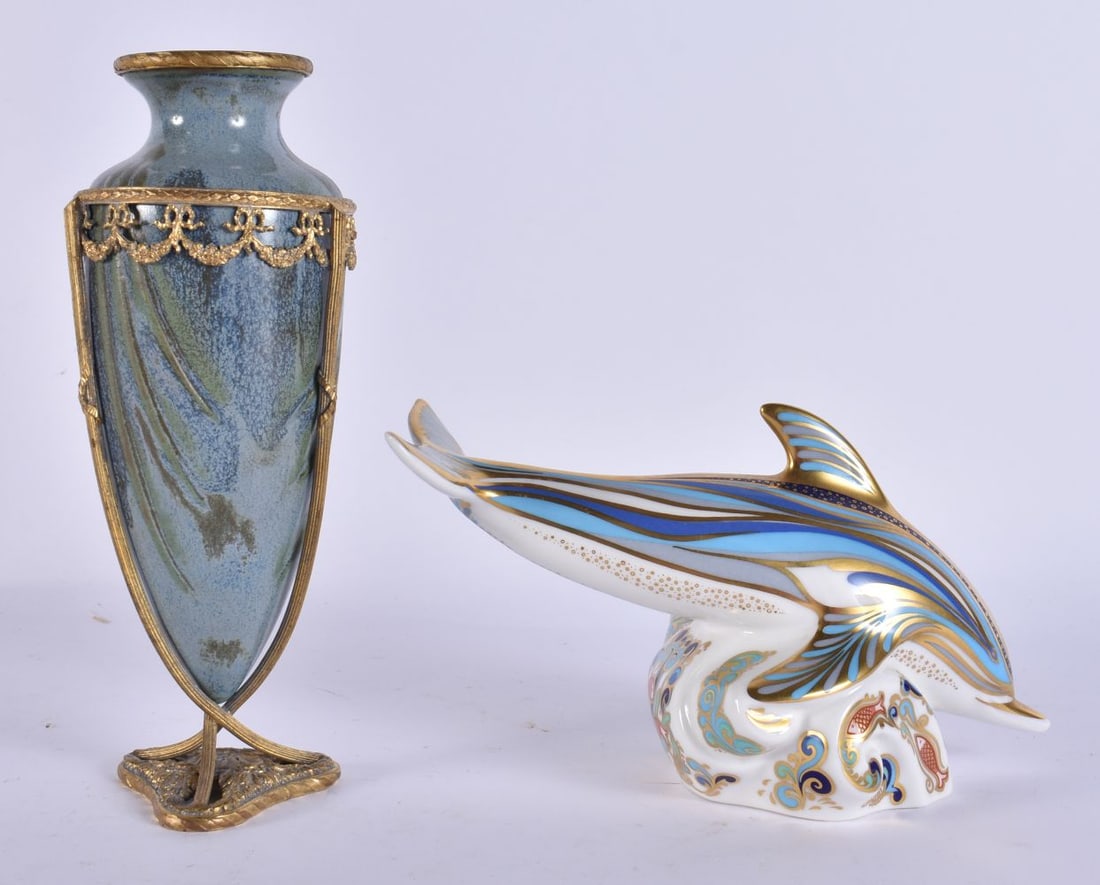 AN ANTIQUE FRENCH PORCELAIN VASE together with a Royal Crown Derby paperweight. (2) (1 of 5)