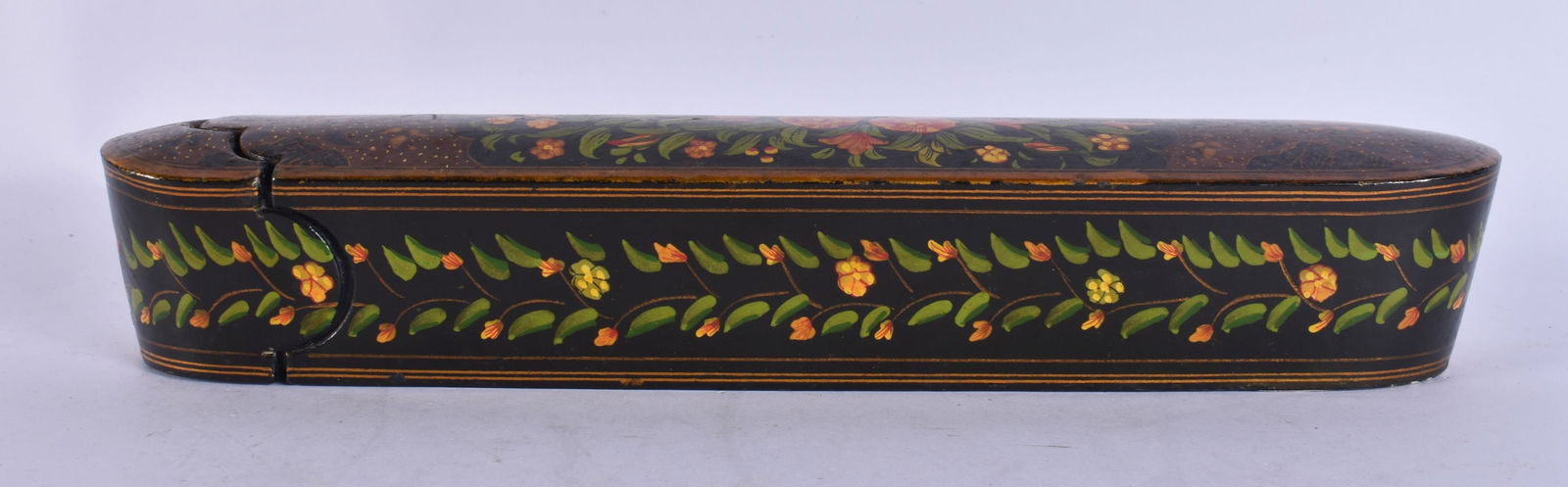 A LARGE PERSIAN LACQUER QAJAR SLIDING PEN BOX. 28 cm wide.: A LARGE PERSIAN LACQUER QAJAR SLIDING PEN BOX. 28 cm wide.
