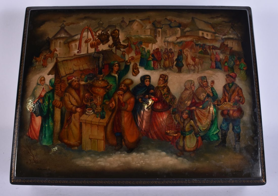 A LARGE RUSSIAN LACQUER BOX AND COVER Fedoskino, painted with figures in various pursuits. 29 cm x 2 (1 of 5)