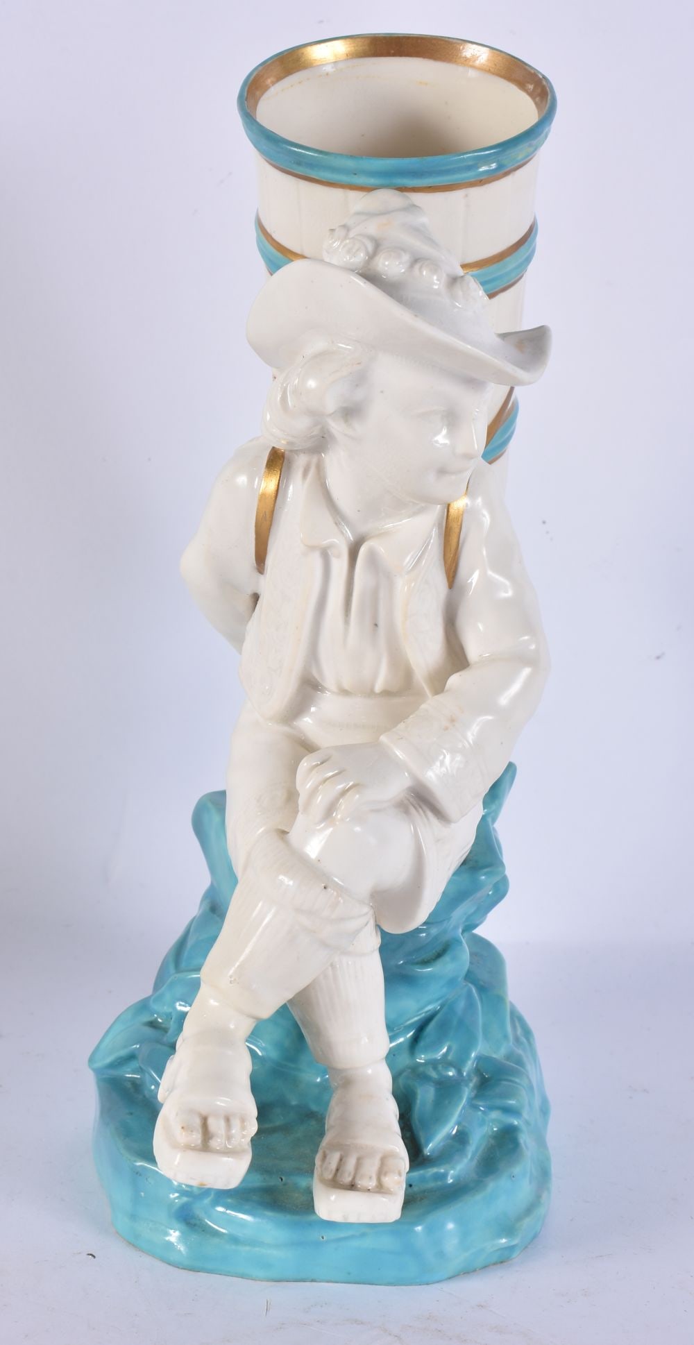 A 19TH CENTURY ENGLISH PORCELAIN TURQUOISE GLAZED SPILL HOLDER probably Minton. 25 cm high. (1 of 4)