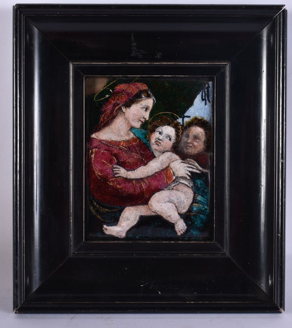 AN ANTIQUE FRENCH LIMOGES ENAMEL PLAQUE depicting a saint and two children. 22 cm x 18 cm. (1 of 3)